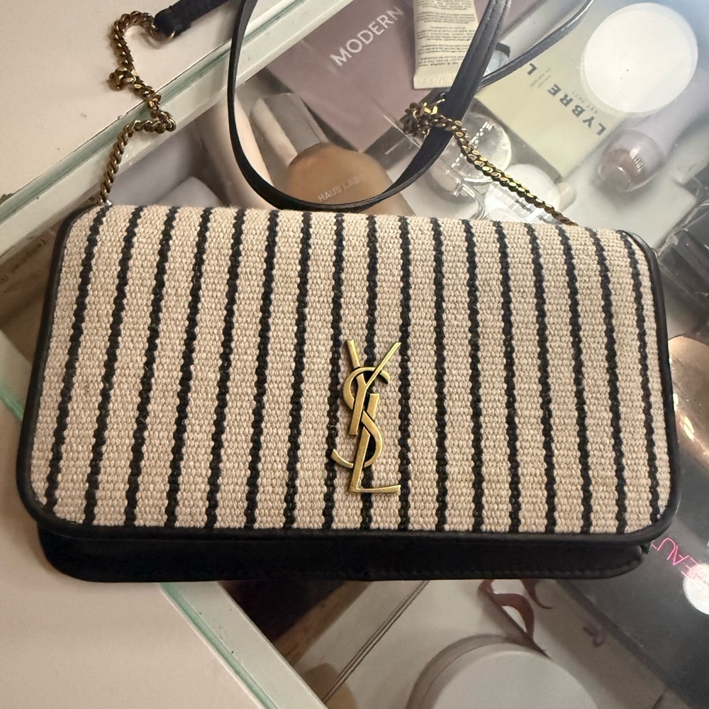 Yves Saint Laurent Black and Cream Striped Clutch
